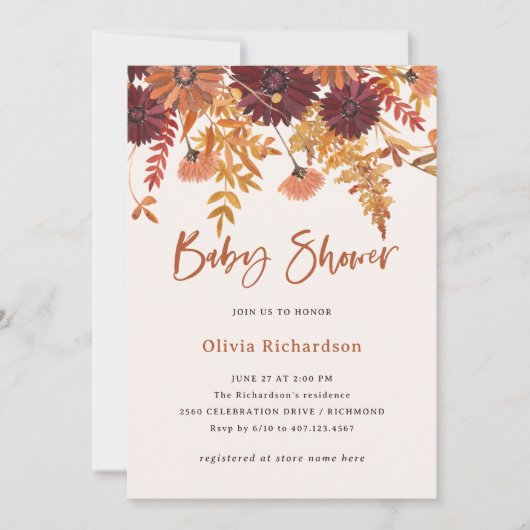 Herfst Blush Boho Wilde Bloemen | Baby Shower Kaart (Voorkant)
