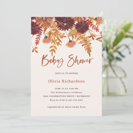 Herfst Blush Boho Wilde Bloemen | Baby Shower Kaart (Staand voorkant)