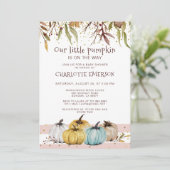 Herfst Blush Pink Gold Pumpkin Baby shower Kaart (Staand voorkant)