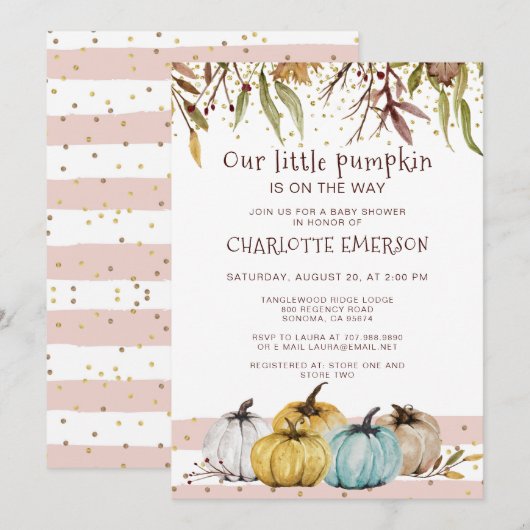 Herfst Blush Pink Gold Pumpkin Baby shower Kaart (Voorkant / Achterkant)