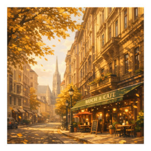 Herfst Boek & Café Straat Cozy Europese Steeg Foto Afdruk