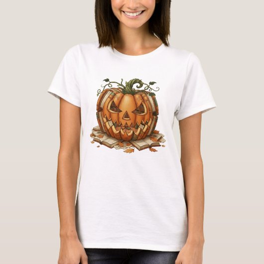 Herfst Boek Pompoen Retro Lezen Bibliothecarissen  T-shirt (Voorkant)