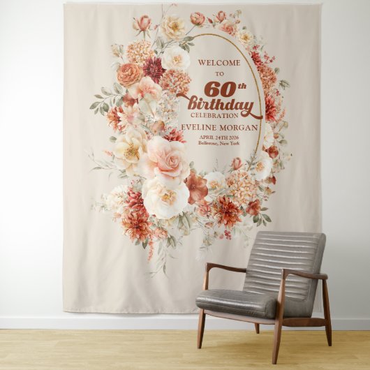 Herfst boeket terracotta blush groovy 60e verjaard wandkleed (In situ)