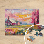 Herfst Boerderij Landschap Moderne Abstracte Kunst Legpuzzel<br><div class="desc">Een levendig, modern abstract landschapsschilderij van een herfstboerderij, met warme tinten sinaasappel, roze en goud met expressieve abstracte penseelstreken. De dynamische compositie legt de schoonheid van de herfst vast en roept de sereniteit van een plattelandsscène op. De gedurfde kleuren en vloeiend penseelwerk creëer geven een gevoel van beweging en energie,...</div>