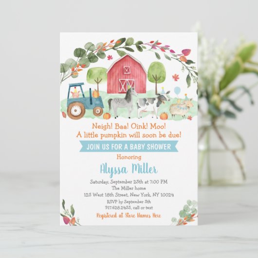 Herfst Boerderij pompoen Baby shower Kaart (Staand voorkant)