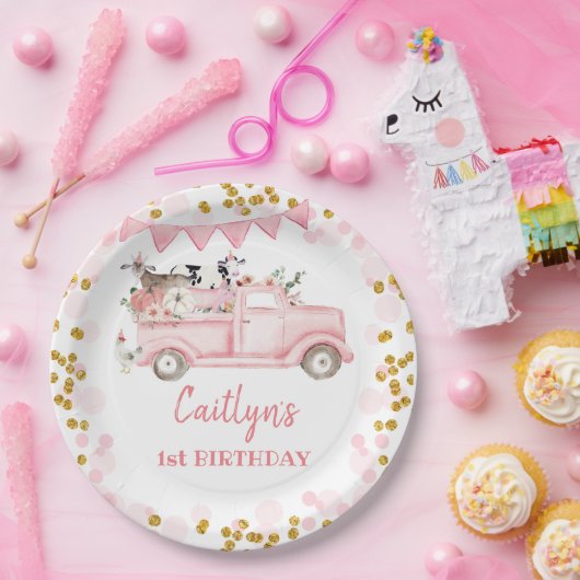 Herfst Boerderij pompoen roze vrachtwagen rijden o Papieren Bordje (Feest)