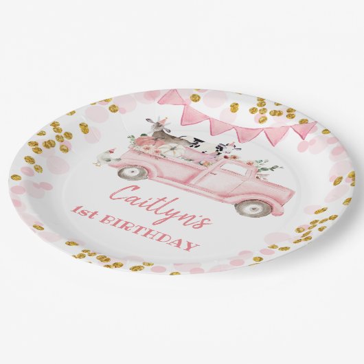 Herfst Boerderij pompoen roze vrachtwagen rijden o Papieren Bordje (Gekanteld)