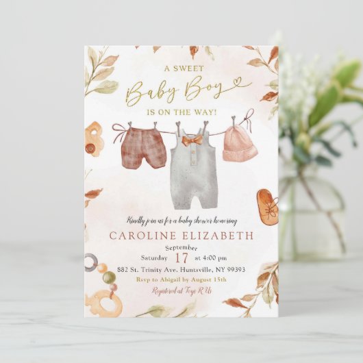 Herfst Bohemian Warm Tone Boy Kleding Baby shower Kaart (Staand voorkant)