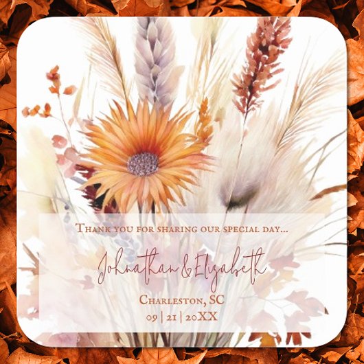 Herfst Boho Bloemen Huwelijksgunst | Wit Vierkante Sticker