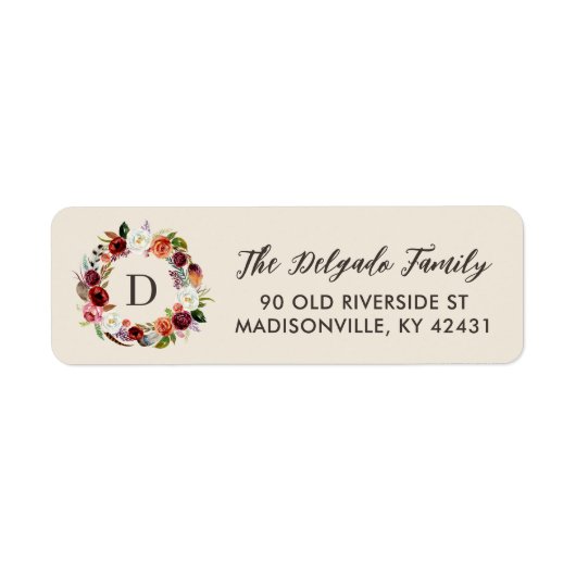 Herfst Boho Bloemen Krans Monogram Retouradres Etiket (Voorkant)