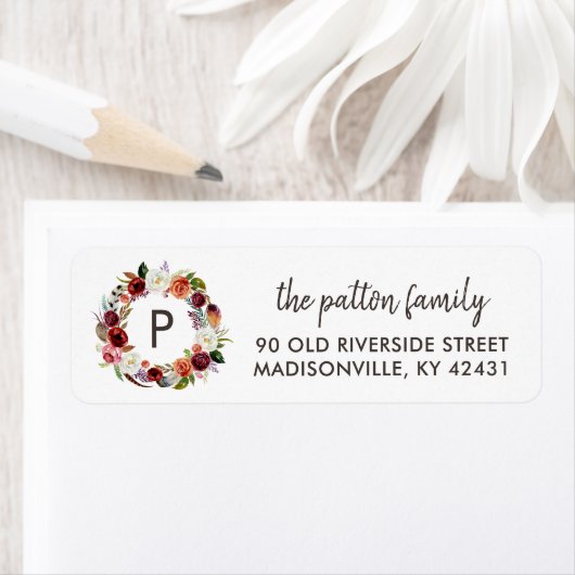 Herfst Boho Bloemen Krans Monogram Retouradres Etiket (Insitu)