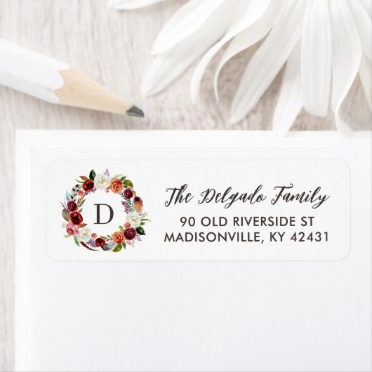 Herfst Boho Bloemen Krans Monogram Retouradres Etiket (Insitu)