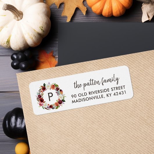 Herfst Boho Bloemen Krans Monogram Retouradres Etiket
