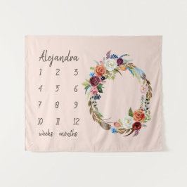 Herfst Boho Bloemen Monogram Baby Mijlpaal Foto Wandkleed