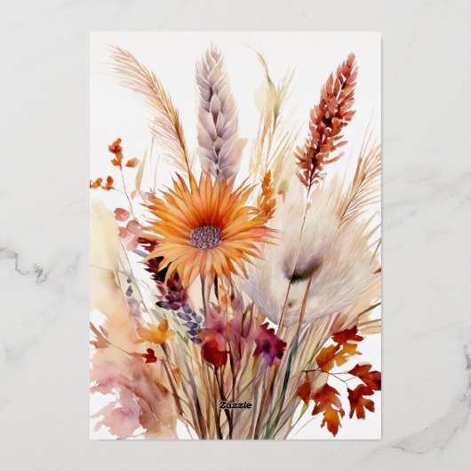 Herfst Boho bloemenbruiloft | Wit Folie Uitnodiging (Achterkant)