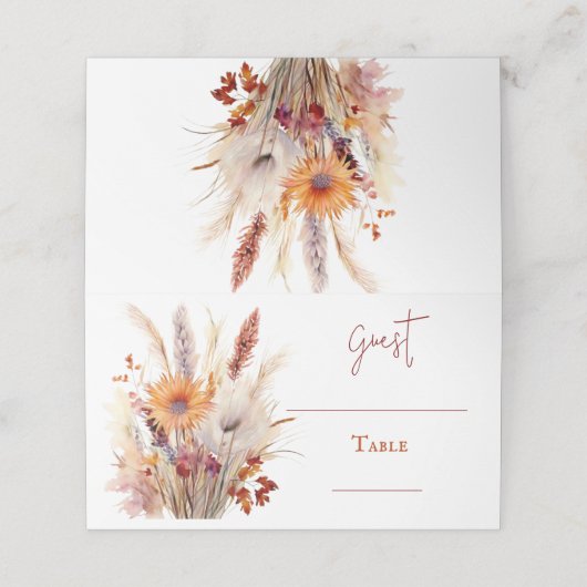 Herfst Boho bloemenbruiloft | Wit Plaatskaartje (Buitenkant ongevouwen)