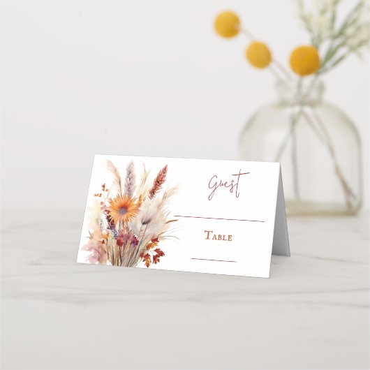 Herfst Boho bloemenbruiloft | Wit Plaatskaartje (Voorkant)