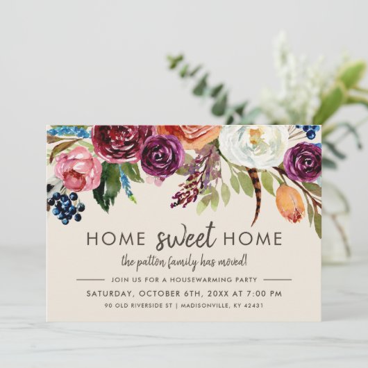 Herfst Boho Blooms Housewarming Party Uitnodiging (Staand voorkant)