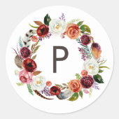 Herfst Boho Blooms krans bruiloft Monogram Ronde Sticker (Voorkant)