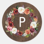 Herfst Boho Blooms krans bruiloft Monogram Ronde Sticker (Voorkant)