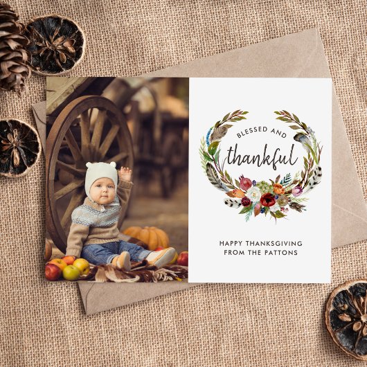 Herfst Boho Blooms Thanksgiving Foto Plat Feestdagenkaart