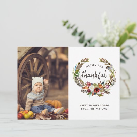 Herfst Boho Blooms Thanksgiving Foto Plat Feestdagenkaart (Staand voorkant)
