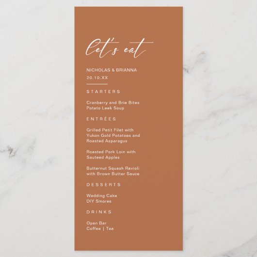 Herfst Boho Burnt Sinaasappel bruiloft Menu (Voorkant)