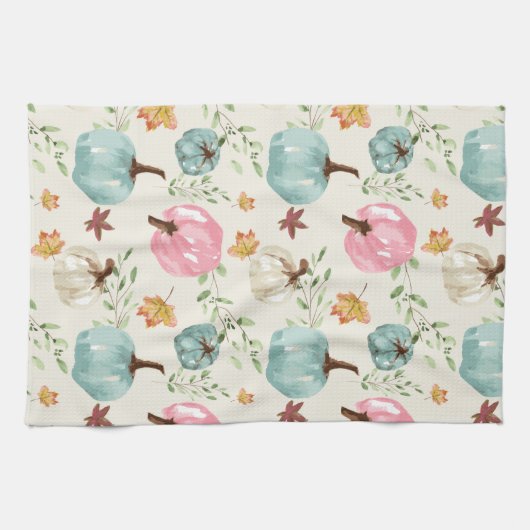 Herfst Boho Chic Waterverf Pompoen en bladeren Theedoek (Horizontaal)