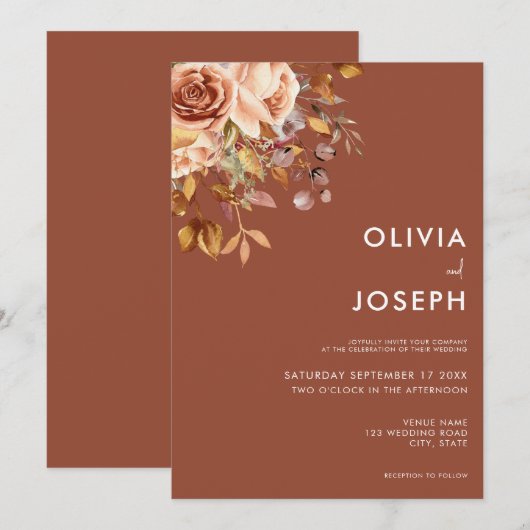 Herfst Boho Floral Eenvoudig Modern Bruiloft Kaart (Voorkant / Achterkant)