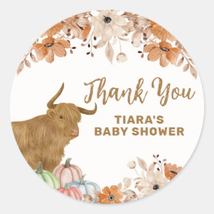 Herfst Boho Floral Highland Koe Baby shower Ronde Sticker