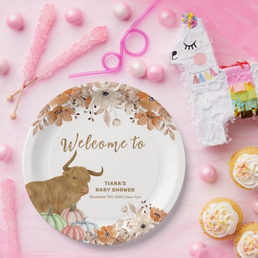 Herfst Boho Floral Highland Koe Baby shower Welkom Papieren Bordje (Feest)
