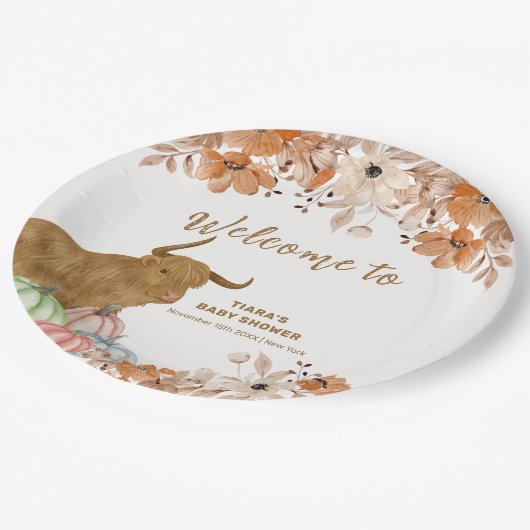 Herfst Boho Floral Highland Koe Baby shower Welkom Papieren Bordje (Gekanteld)