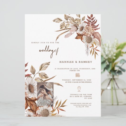 Herfst Boho foto bruiloft uitnodiging. Uitnodiging (Staand voorkant)