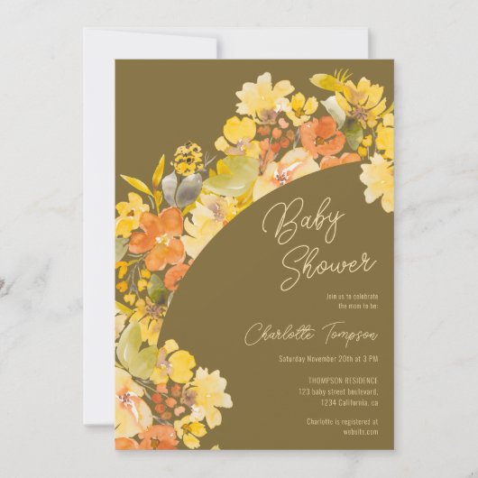 Herfst boho gele bloemen script baby shower kaart (Voorkant)