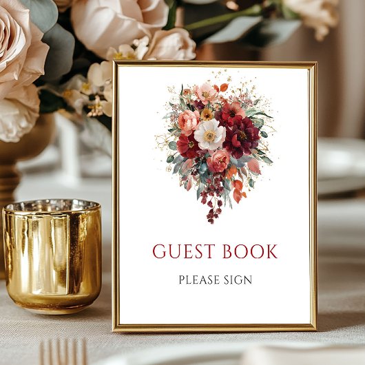 Herfst Boho Maroon Bloemen Gastboek 8x10 Bord Poster