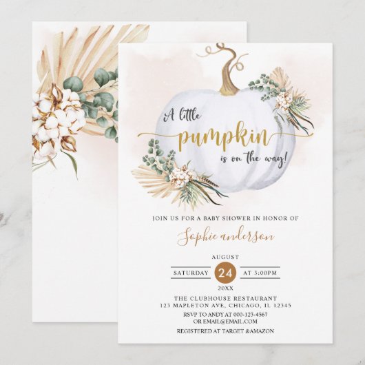 Herfst Boho Pampas Grass Little Pumpkin Baby showe Kaart (Voorkant / Achterkant)