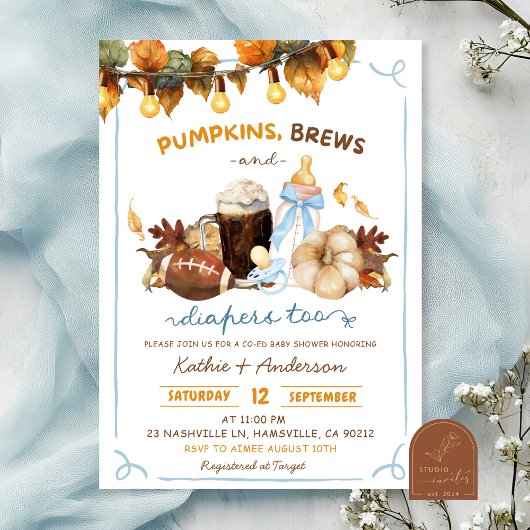Herfst Boho Pompoenen Blauwe Jongen Baby Shower Kaart