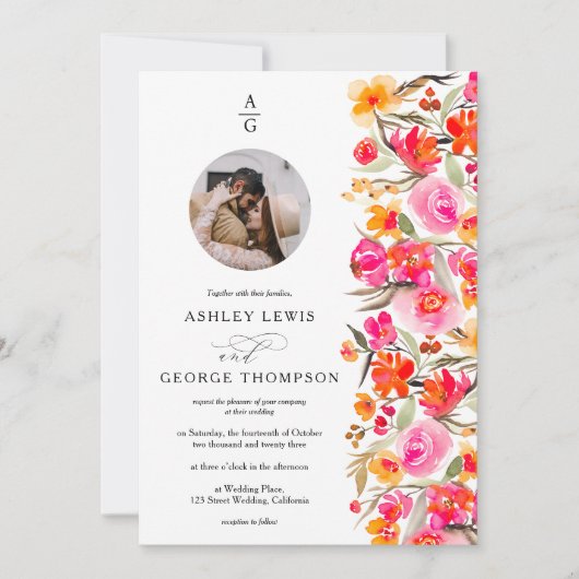 Herfst boho rood sinaasappel bloemenbruiloft initi kaart (Voorkant)