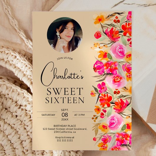 Herfst boho rood sinaasappel bloemenfoto Sweet 16 Kaart