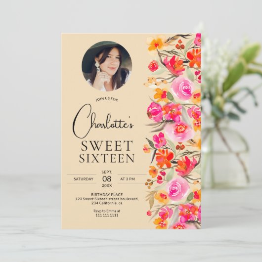 Herfst boho rood sinaasappel bloemenfoto Sweet 16 Kaart (Staand voorkant)