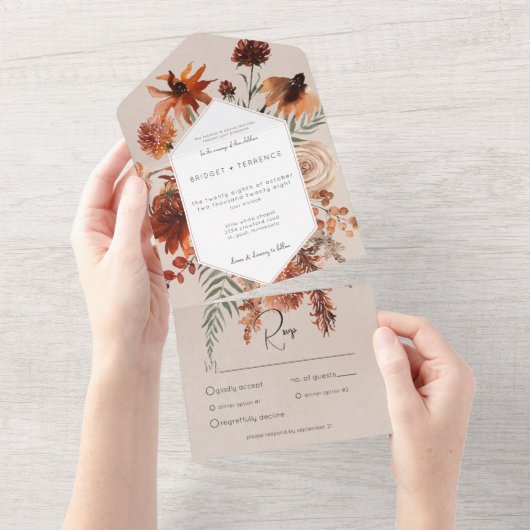 Herfst Boho Rust & Perzik Bloemen Lijst Beige Dine All In One Uitnodiging (Afscheurbaar)
