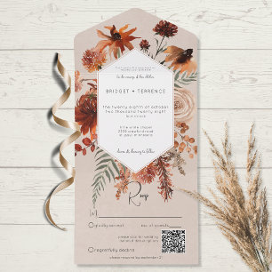 Herfst Boho Rust & Perzik Bloemen Lijst Beige QR C All In One Uitnodiging