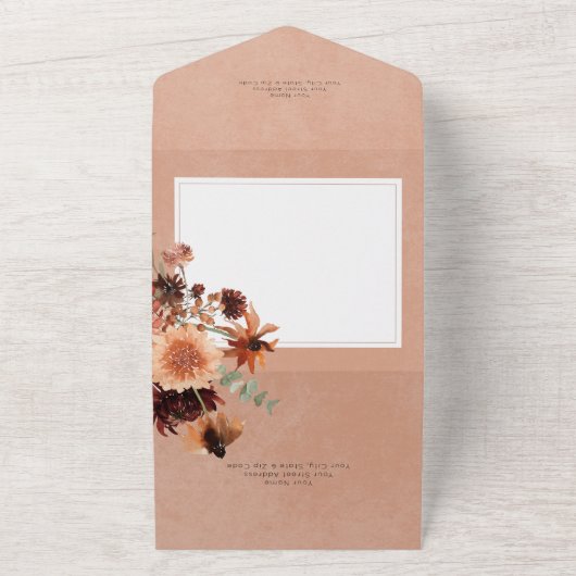 Herfst Boho Rust & Perzik Bloemen Lijst QR Code All In One Uitnodiging (Buitenkant)