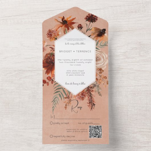 Herfst Boho Rust & Perzik Bloemen Lijst QR Code All In One Uitnodiging (Binnen)