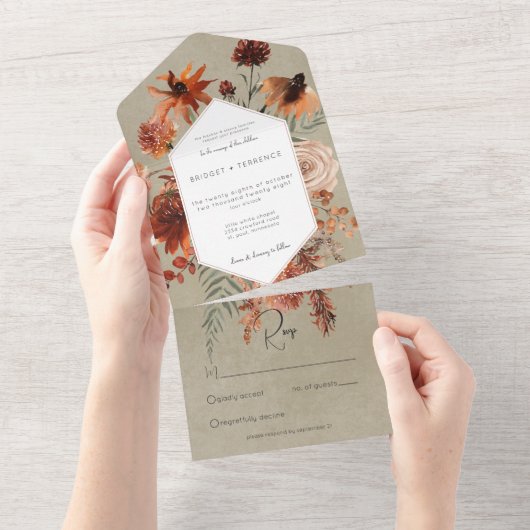 Herfst Boho Rust & Perzik Bloemen Lijst Salie Geen All In One Uitnodiging (Afscheurbaar)