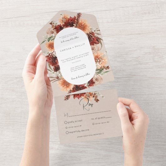 Herfst Boho Rust & Perzik Bloemen Ovaal Beige Dine All In One Uitnodiging (Afscheurbaar)