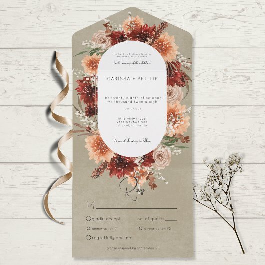 Herfst Boho Rust & Perzik Bloemen Ovaal Salie Dine All In One Uitnodiging
