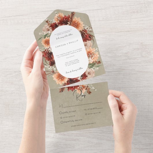 Herfst Boho Rust & Perzik Bloemen Ovaal Salie Dine All In One Uitnodiging (Afscheurbaar)