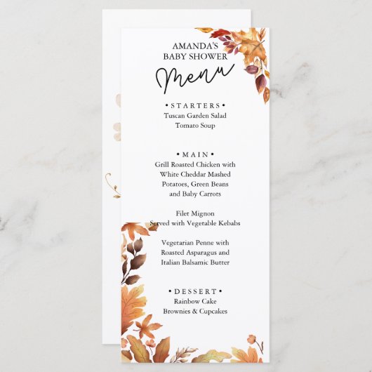 Herfst boho Rustic Baby shower Menu (Voorkant / Achterkant)