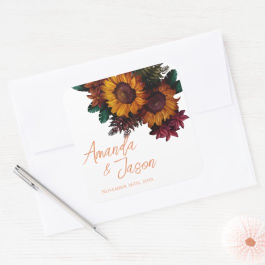 Herfst Boho Rustiek Verbrand Sinaasappel Bloemen H Vierkante Sticker (Envelop)
